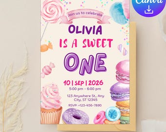 Plantilla de invitación para el primer cumpleaños de niña, temática de postres: donas, dulces, cupcakes, invitación de dulces en tonos pastel, descarga digital editable en Canva.
