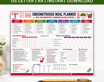 Planejador de refeições para endometriose (imprimível), rastreador de dieta anti-inflamatória, registro de sintomas abdominais da endometriose, guia alimentar para cada fase do ciclo menstrual, download instantâneo em PDF.