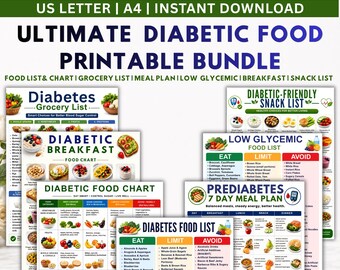 Paquete imprimible de plan de alimentación para diabéticos, tabla de desayunos para diabéticos, lista de refrigerios para diabéticos, lista de compras de alimentos de bajo índice glucémico, plan de comidas de 7 días para prediabetes.