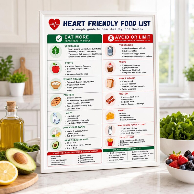 May include: A framed "Heart Friendly Food List" poster, a guide to heart-healthy food choices. The poster features lists of foods to eat more and foods to avoid, with illustrations of fruits, vegetables, and other food groups. The text is in black and white.
