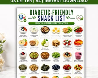 Lista de refrigerios aptos para diabéticos (imprimible), refrigerios altos en proteínas y bajos en azúcar (PDF), tabla de alimentos para la diabetes tipo 2, guía de refrigerios bajos en carbohidratos, descarga instantánea.