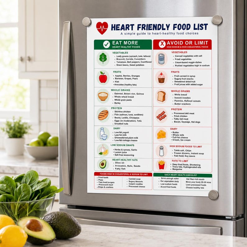 May include: A refrigerator magnet with a "Heart Friendly Food List" graphic. The list categorizes foods into "Eat More" and "Avoid or Limit" sections, with examples like vegetables, fruits, whole grains, and protein.