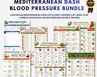 Paquete de dieta mediterránea DASH, plan de comidas bajas en sodio, dieta para la presión arterial + registro, dieta para la hipertensión, guía para la salud del corazón (PDF imprimible).