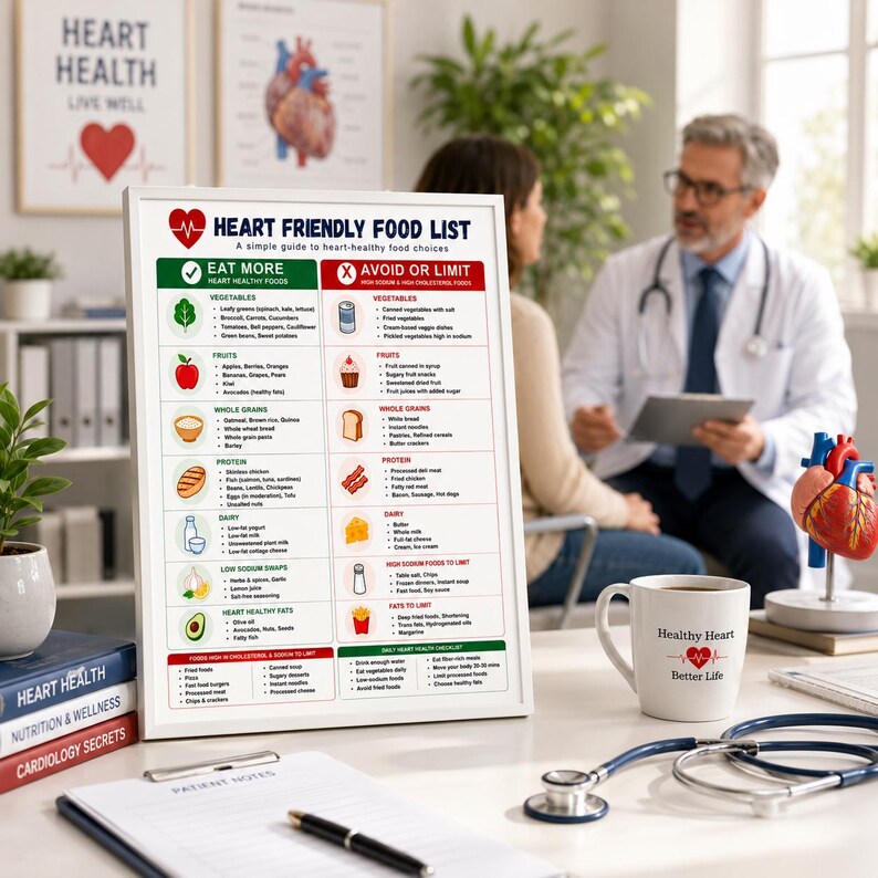 May include: A framed "Heart Friendly Food List" with a white border, listing foods to eat and avoid for heart health. A white mug with "Healthy Heart Better Life" is on the table, along with a stethoscope and a model heart.