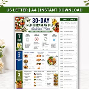 Puede incluir: Un plan de inicio de dieta mediterránea de 30 días con una lista de verificación, un marco de comidas y un sistema de compras. El plan incluye una lista de verificación de limpieza de despensa, intercambios para principiantes y un desafío de hidratación diario. El texto "US LETTER | A4 | INSTANT DOWNLOAD" está en la parte superior.