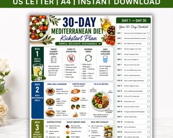 Plan de inicio de 30 días para la dieta mediterránea (imprimible), planificador de comidas para principiantes, guía alimentaria semanal, registro de hábitos, alimentación saludable (descarga instantánea).