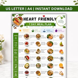 Hjärtvänlig 7-dagars måltidsplan utskrivbar, kolesterolsnål diet i PDF-format, natriumfattig veckovis kostplan, hjärtnäringsguide, direktnedladdning