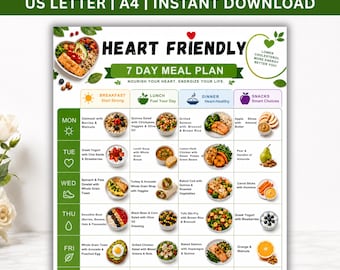 Heart Healthy 7 Day Meal Plan Printable, Low Cholesterol Diet PDF, Low Sodium Weekly Food Plan, Cardiac Nutrition Guide, Instant Download