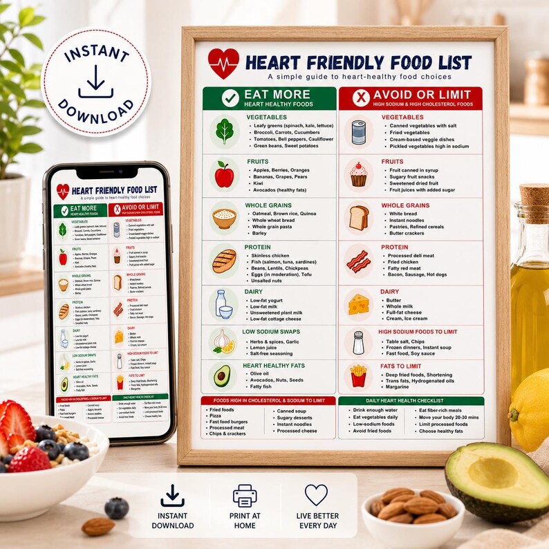 May include: A framed "Heart Friendly Food List" with a mobile phone displaying the same information. The list categorizes foods into "Eat More" and "Avoid or Limit" sections, with illustrations of fruits, vegetables, and other food groups. The words "Instant Download" are also visible.