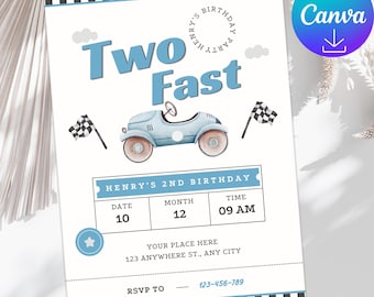 Invitación de cumpleaños "Dos rápidos", invitación de cumpleaños número 2 con temática de autos de carreras, "Creciendo demasiado rápido", plantilla editable de Canva, tarjeta de cumpleaños número 2 para niño