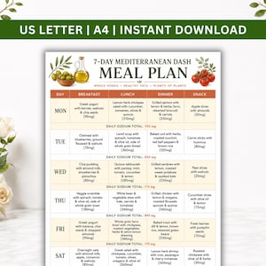 May include: A colorful 7-day Mediterranean Dash meal plan, featuring breakfast, lunch, dinner, and snack options. The plan includes recipes with ingredients like Greek yogurt, quinoa, salmon, and various vegetables. The document is labeled "US LETTER | A4 | INSTANT DOWNLOAD."