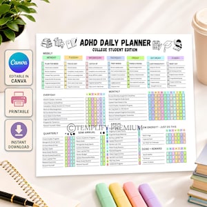 May include: A white ADHD daily planner for college students, with weekly, everyday, monthly, quarterly, semi-annual, and annual sections. The planner includes sections for tasks, goals, and rewards. The planner is editable in Canva and available for instant download.