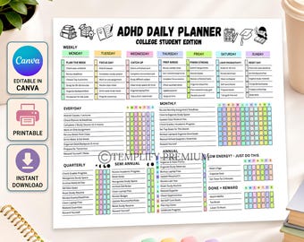 Planificador diario para estudiantes universitarios con TDAH, horario diario, semanal y mensual, lluvia de ideas, menú de dopamina, rastreador de hábitos, imprimible y editable en Canva.