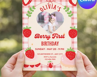Plantilla de invitación de primer cumpleaños con temática de fresas, invitación editable de primer cumpleaños con fresas, invitación imprimible para fiesta de cumpleaños con foto