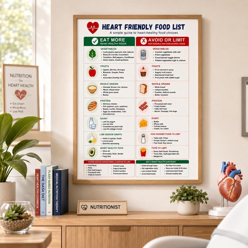 May include: A framed "Heart Friendly Food List" poster with a wooden frame, listing foods to eat more and avoid for heart health. The poster includes vegetables, fruits, whole grains, protein, dairy, and healthy fats.