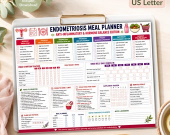 Endometriose Mahlzeitenplaner zum Ausdrucken, entzündungshemmende Diet Tracker, Schwangerschaftskalender, Zyklusphasen-Nahrungsleitfaden, Sofort-Download-PDF