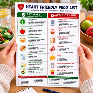 May include: A heart-friendly food list with a red heart graphic at the top. The guide categorizes foods into "Eat More" and "Avoid or Limit" sections, offering dietary advice for healthy eating habits. The list includes vegetables, fruits, whole grains, protein, dairy, and fats.