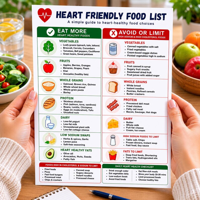 May include: A heart-friendly food list with a red heart graphic at the top. The guide categorizes foods into "Eat More" and "Avoid or Limit" sections, offering dietary advice for healthy eating habits. The list includes vegetables, fruits, whole grains, protein, dairy, and fats.