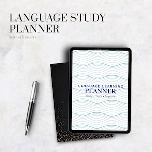 May include: A digital tablet displaying a Language Learning Planner with blue wave patterns and the text Language Learning Planner Study Track Improve, accompanied by a black and gold speckled notebook and a silver and black ballpoint pen.
