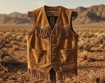 Western Fringe Leather Vest for Men, Vintage Cowboy Suede Vest, Rustic Boho Biker Waistcoat, Handmade Brown Leather Vest, Festival Outfit