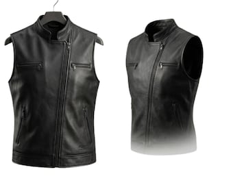 Chaleco de cuero negro para hombre – Chaleco minimalista de estilo motero, chaleco ajustado de cuero genuino, chaleco con cremallera estilo motociclista, chaqueta informal de estilo urbano
