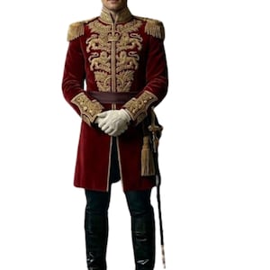 Royal Red Velvet Sherwani for Men – Gold Embroidered Groom Coat, Maharaja Wedding Outfit, Luxury Military Style Jacket, Regal Indo Western