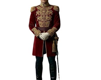 Royal Red Velvet Sherwani for Men – Gold Embroidered Groom Coat, Maharaja Wedding Outfit, Luxury Military Style Jacket, Regal Indo Western