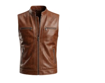 Men’s Brown Leather Vest, Vintage Genuine Leather Biker Vest, Slim Fit Zip-Up Motorcycle Waistcoat, Classic Minimalist Leather Jacket Vest