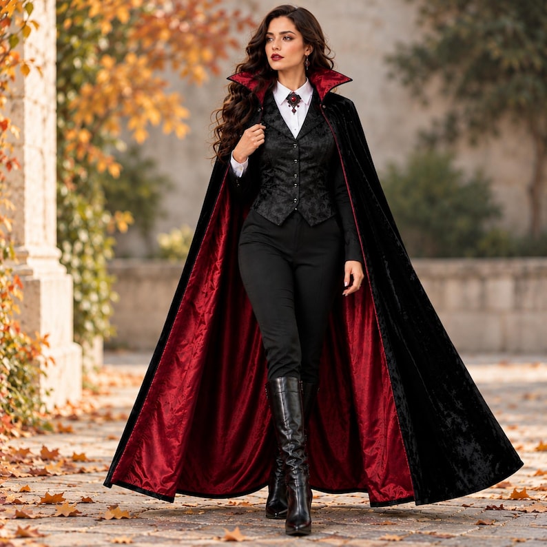 Gothic Vampire Costume Set, Black Velvet Cape With Burgundy Lining ...