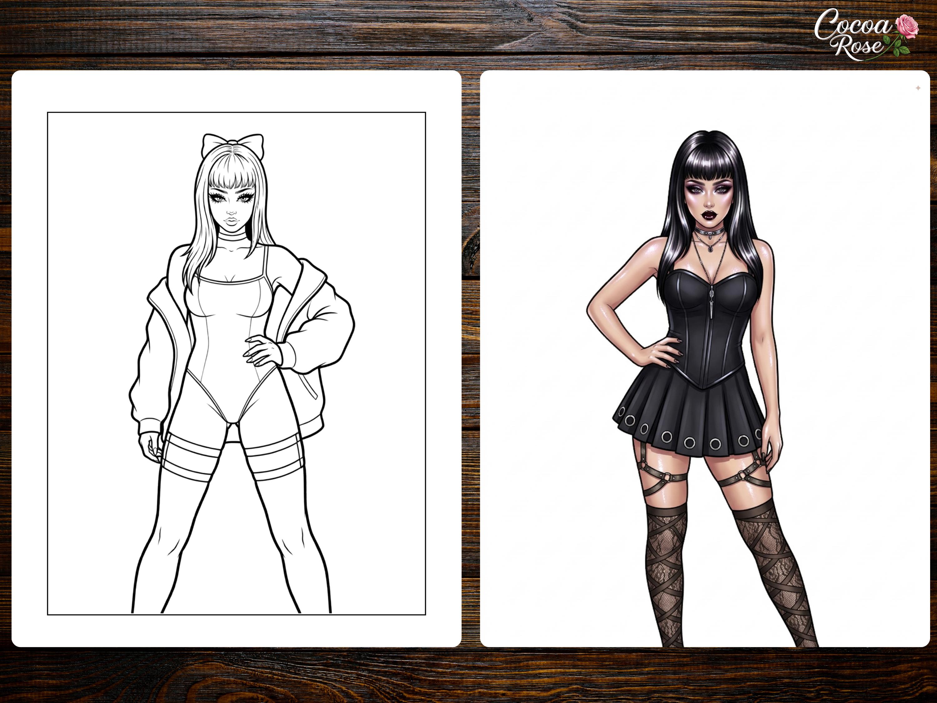 Fishnets Color Pages Chaos and Fishnets Coloring Pages – Edgy Grunge Fashion Style (digital ...