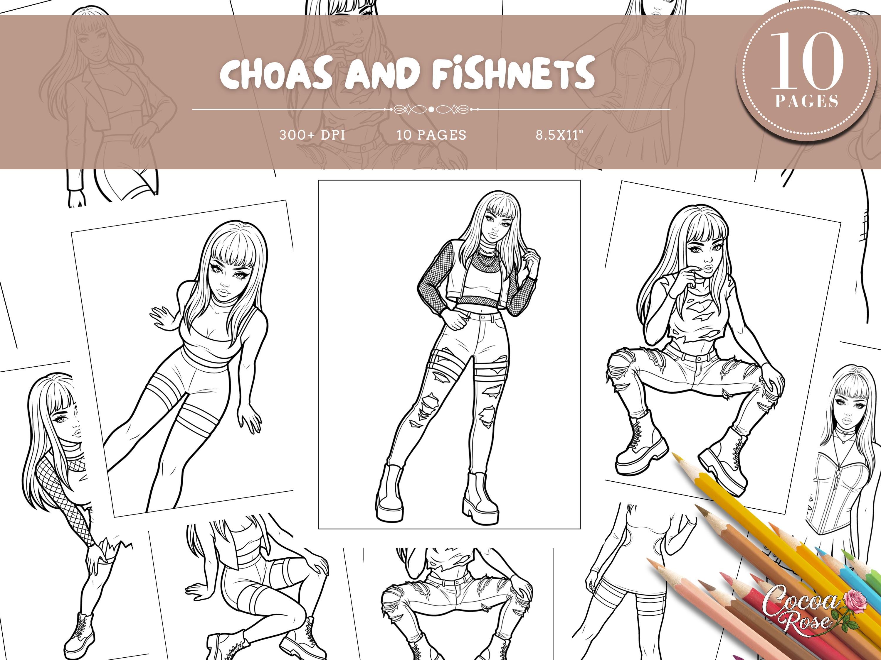 Fishnets Color Pages Chaos and Fishnets Coloring Pages – Edgy Grunge Fashion Style (digital ...
