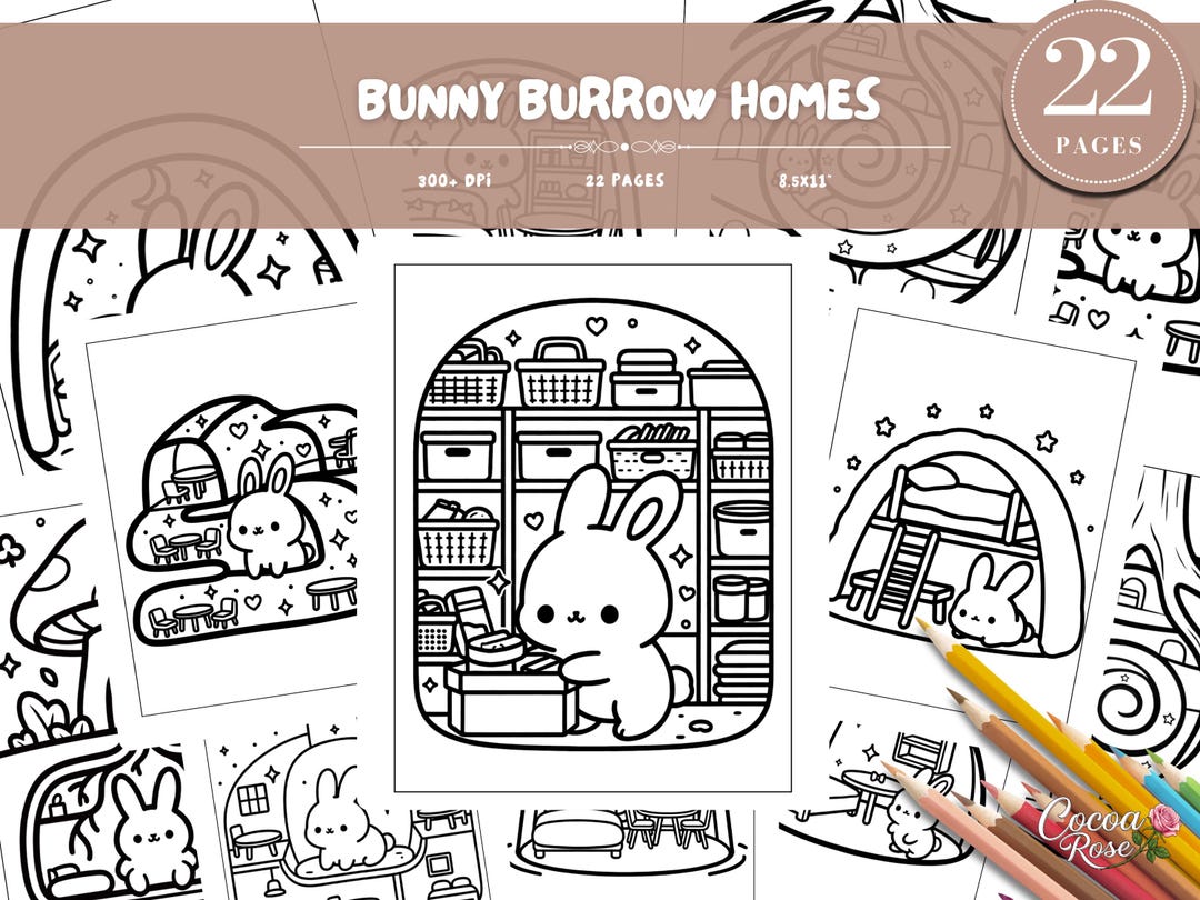 Colouring Pages Rabbit House Bunny Burrow Homes Coloring Pages – Cozy Woodland Interiors (digital ...