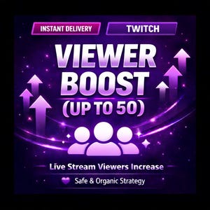 May include: A purple and black graphic promoting a live stream viewer increase. The text reads "Viewer Boost (Up to 50)" with upward arrows. Additional text includes "Instant Delivery," "Twitch," and "Live Stream Viewers Increase."