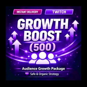 Puede incluir: Gráfico digital con fondo morado y negro. Las palabras "GROWTH BOOST (500)" están en letras blancas grandes. La imagen también incluye el texto "INSTANT DELIVERY", "TWITCH", "Audience Growth Package" y "Safe & Organic Strategy". Flechas blancas apuntan hacia arriba.