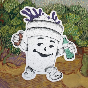 May include: A white cartoon character with a smiling face, holding a brown bottle in one hand and a green bottle in the other. The character has purple hair and is set against a background reminiscent of a Van Gogh painting.