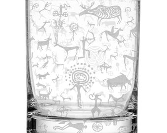 283 g förhistorisk grottkonst whiskyglas | Laseretsad glas med forntida symboler