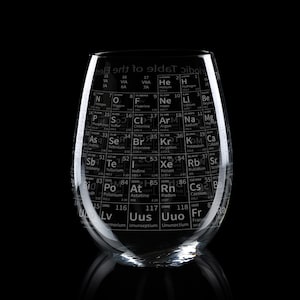 May include: A stemless wine glass with a periodic table of elements design etched on the surface. The clear glass reflects light against a black background, showcasing the scientific theme. The glass is ideal for science enthusiasts.