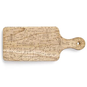 May include: A rectangular light brown wooden serving board with a rounded handle and a hole for hanging. The surface is laser-engraved with a dense pattern of dark brown mathematical equations, calculus formulas, geometric graphs, and bar charts.
