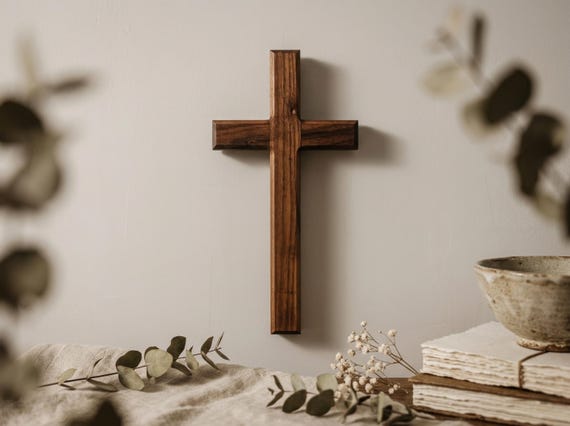 Solid Walnut or Cherry Wood Cross – Handcrafted Christian Decor, Wall Mount or Standing, Baptism & Confirmation Gift
