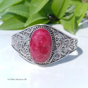 Handmade Raw Ruby Cuff Bracelet 925 Sterling Silver Boho Statement Jewelry Gift for Her