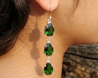 Handgemaakte 925 sterlingzilveren groene smaragd peer oorbellen drielaagse lange bungelsieraden