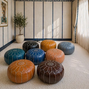 Traditional Moroccan Leather Pouf Handmade Ottoman Boho Floor Seating Elegant Home Decor Furniture.