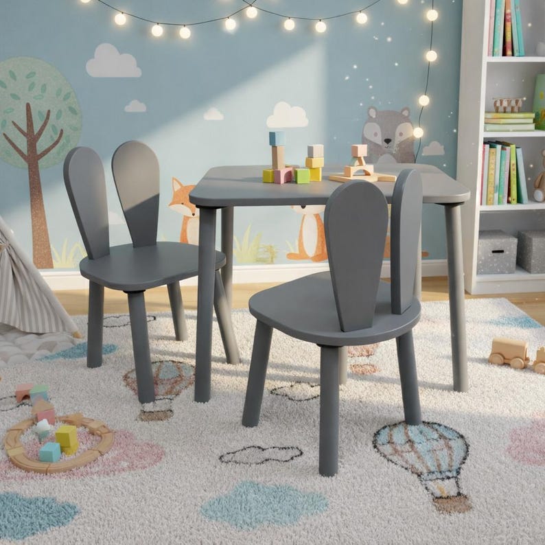 Montessori Kids Table and Bunny Chair Set | Wood Playroom Furniture ...