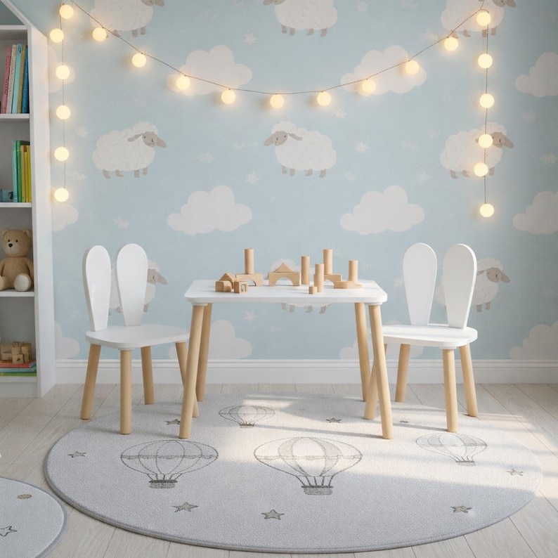 Montessori Kids Table and Bunny Chair Set | Wood Playroom Furniture ...
