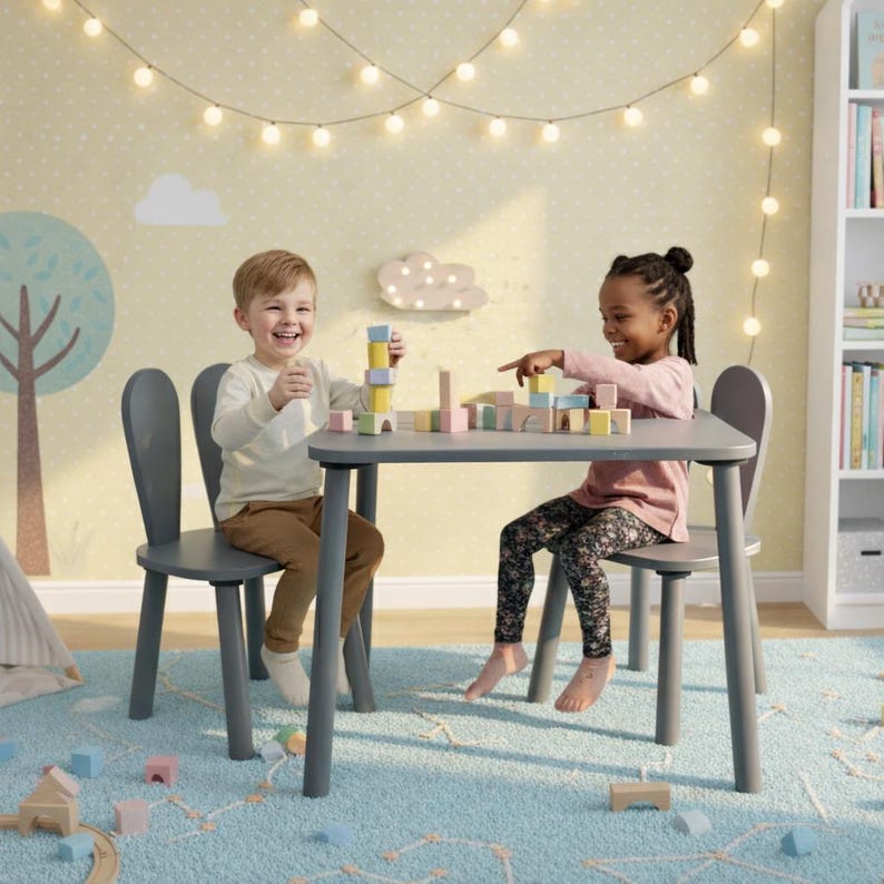 Montessori Kids Table and Bunny Chair Set | Wood Playroom Furniture ...