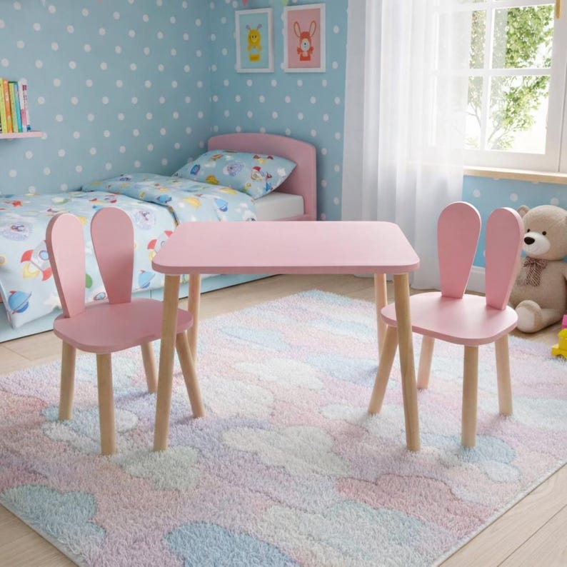 Montessori Kids Table and Bunny Chair Set | Wood Playroom Furniture ...