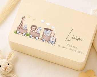 Erinnerungskiste Baby personalisiert Zug, Tiere Motive, Erinnerungsbox | Babygeschenk | Taufgeschenk | Geschenkidee zur Geburt | Taufe Kiste