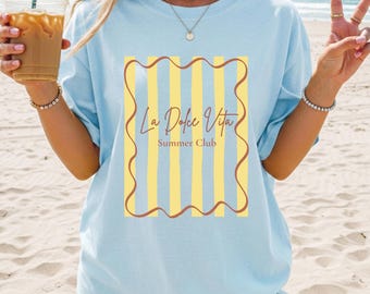 La Dolce Vita T-Shirt Damen, Summer Club Shirt, Lemon Stripe Tee, Streifen Shirt, Amalfi Coast,  Zitronen Shirt, Urlaub Outfit Damen, Sommer