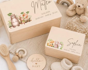 Personalisierte Erinnerungskiste Baby aus Holz | Erinnerungsbox mit Name | Taufgeschenk | Geschenk zur Geburt | Waldtiere Motive
