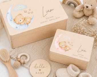 Erinnerungskiste Baby personalisiert, Mond, Bären Motive, Erinnerungsbox, Holzbox | Babygeschenk | Taufgeschenk | Geschenkidee zur Geburt